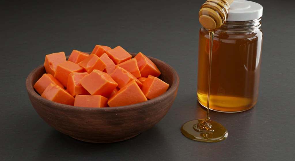 papaya and honey on kitchen counter